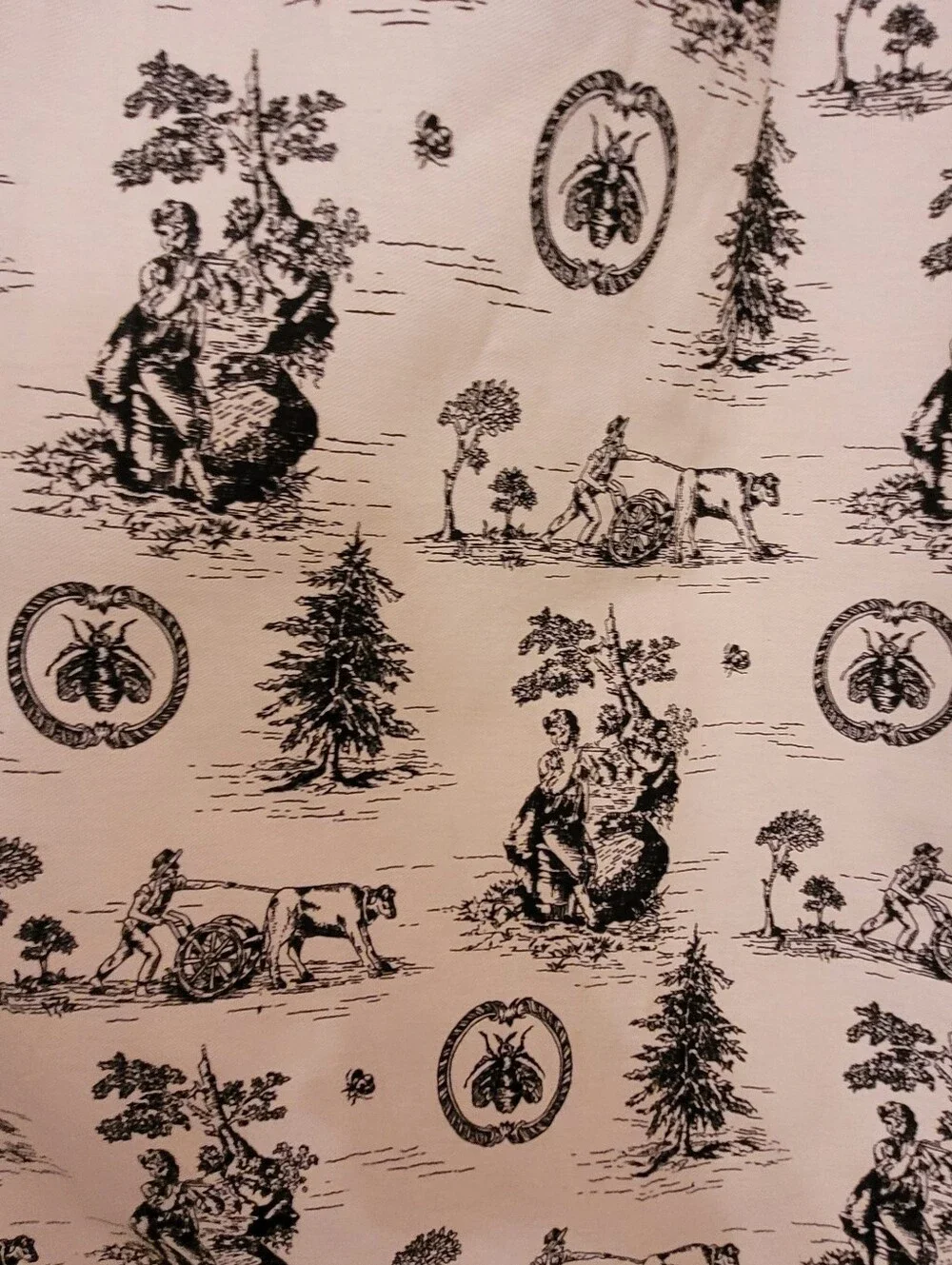NEVER USED Black & Cream TOILE Shower Curtain with Fleur-de-lis Hooks + Liner
